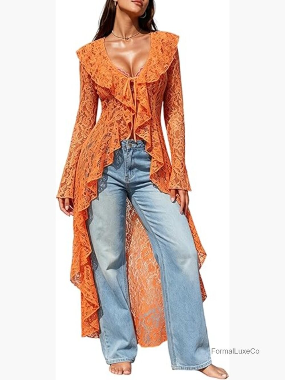 Lace Cardigan Women Summer Bell Sleeve Ruffled Hem Tie Front Maxi Duster